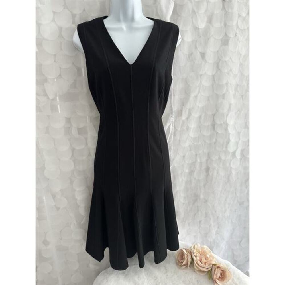 Ellen Tracy 14 Black Sleeveless Fit Flare Dress Princess Seam Classic Career